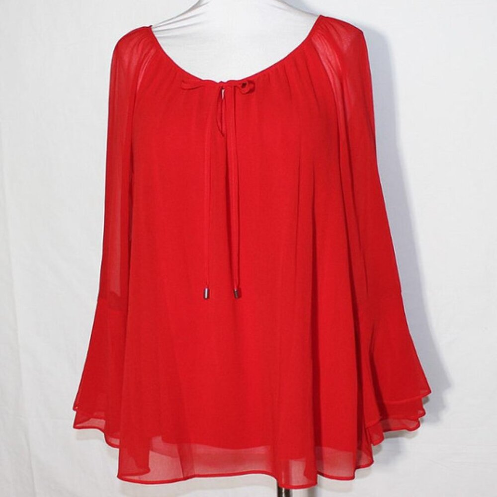 Marled Reunited Clothing Poppy Red Blouse Top Double Bell Sleeves Lined Medium